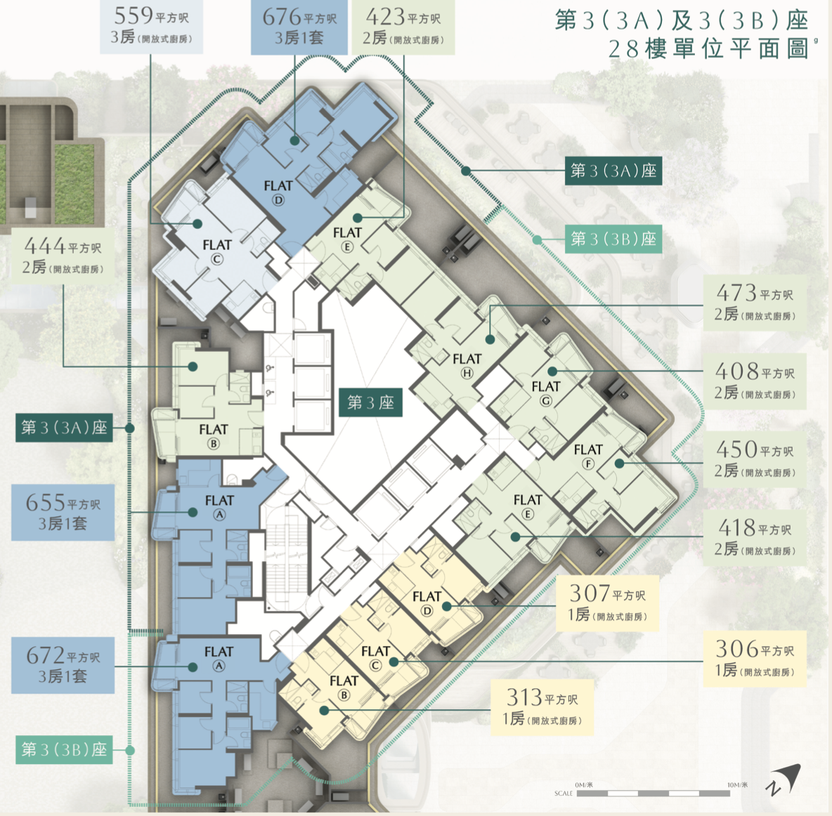 第 3（3A）及 3（3B）座 28 樓單位平面圖，涵蓋 1 房至 3 房各式戶型及實用面積